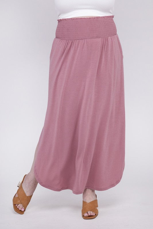 Zenana Plus Smocked Waist Side Slit Maxi Skirt-ZENANA-LT ROSE-1X-[option4]-[option5]-[option6]-[option7]-[option8]-Shop-Boutique-Clothing-for-Women-Online