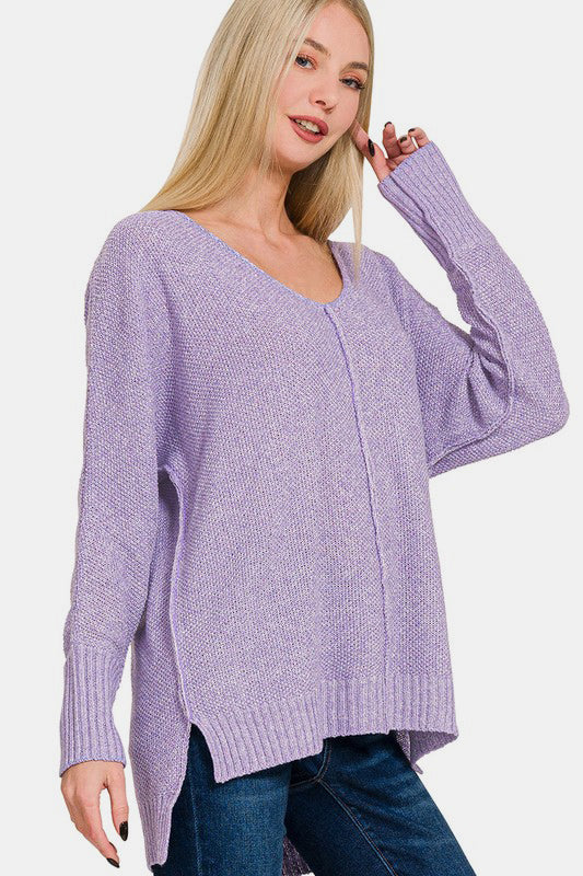 Zenana High-Low Center Seam V-Neck Sweater-Trendsi-[option4]-[option5]-[option6]-[option7]-[option8]-Shop-Boutique-Clothing-for-Women-Online