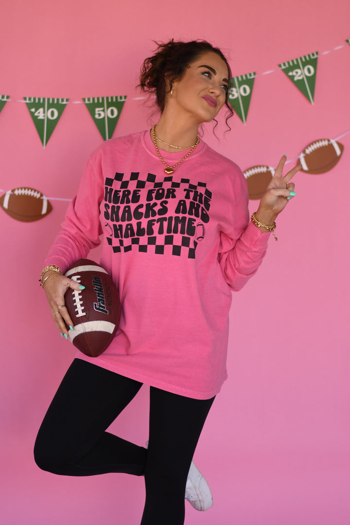 PREORDER: Pink Here For The Snacks And Halftime Tee/Long Sleeve Tee-P&PD Wholesale-[option4]-[option5]-[option6]-[option7]-[option8]-Shop-Boutique-Clothing-for-Women-Online