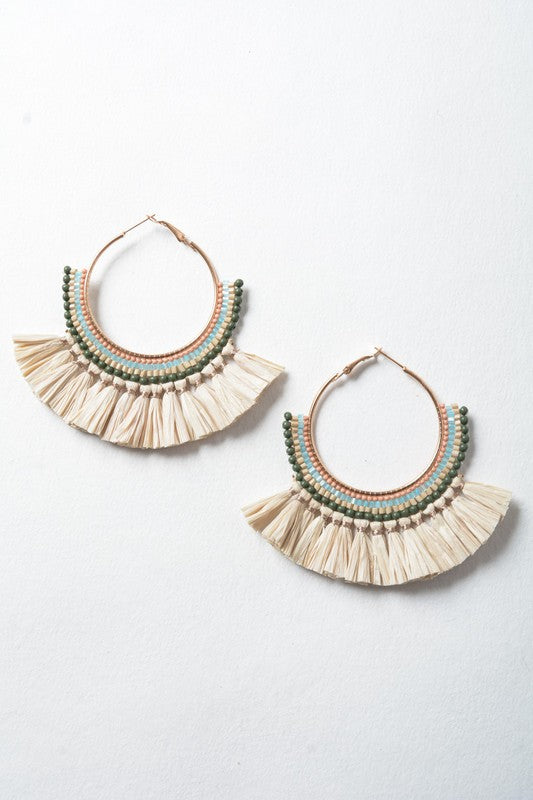 Natural Bead and Raffia Fan Hoop Earrings-Leto Accessories-[option4]-[option5]-[option6]-[option7]-[option8]-Shop-Boutique-Clothing-for-Women-Online
