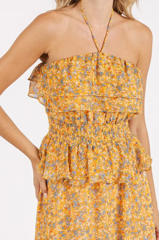 Mittoshop Ruffled Smocked Floral Halter Neck Maxi Dress-Dresses-Trendsi-[option4]-[option5]-[option6]-[option7]-[option8]-Shop-Boutique-Clothing-for-Women-Online