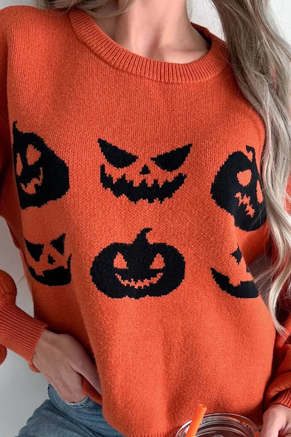 Pumpkin Pattern Round Neck Sweater-Trendsi-[option4]-[option5]-[option6]-[option7]-[option8]-Shop-Boutique-Clothing-for-Women-Online