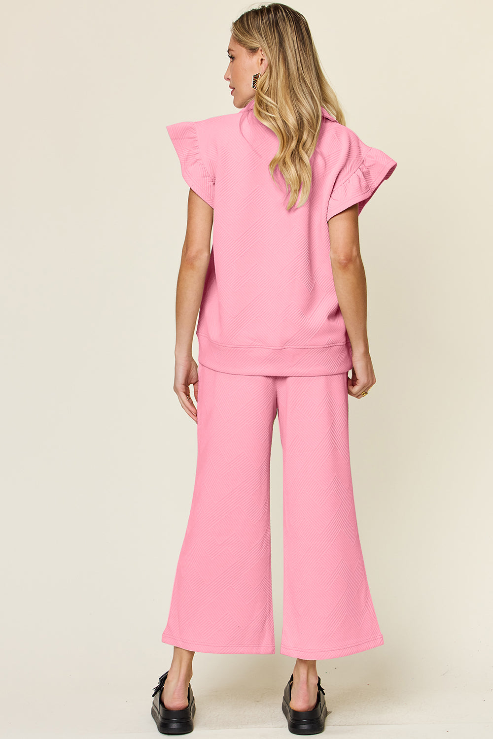 Double Take Texture Ruffle Short Sleeve Top and Drawstring Wide Leg Pants Set-Trendsi-[option4]-[option5]-[option6]-[option7]-[option8]-Shop-Boutique-Clothing-for-Women-Online