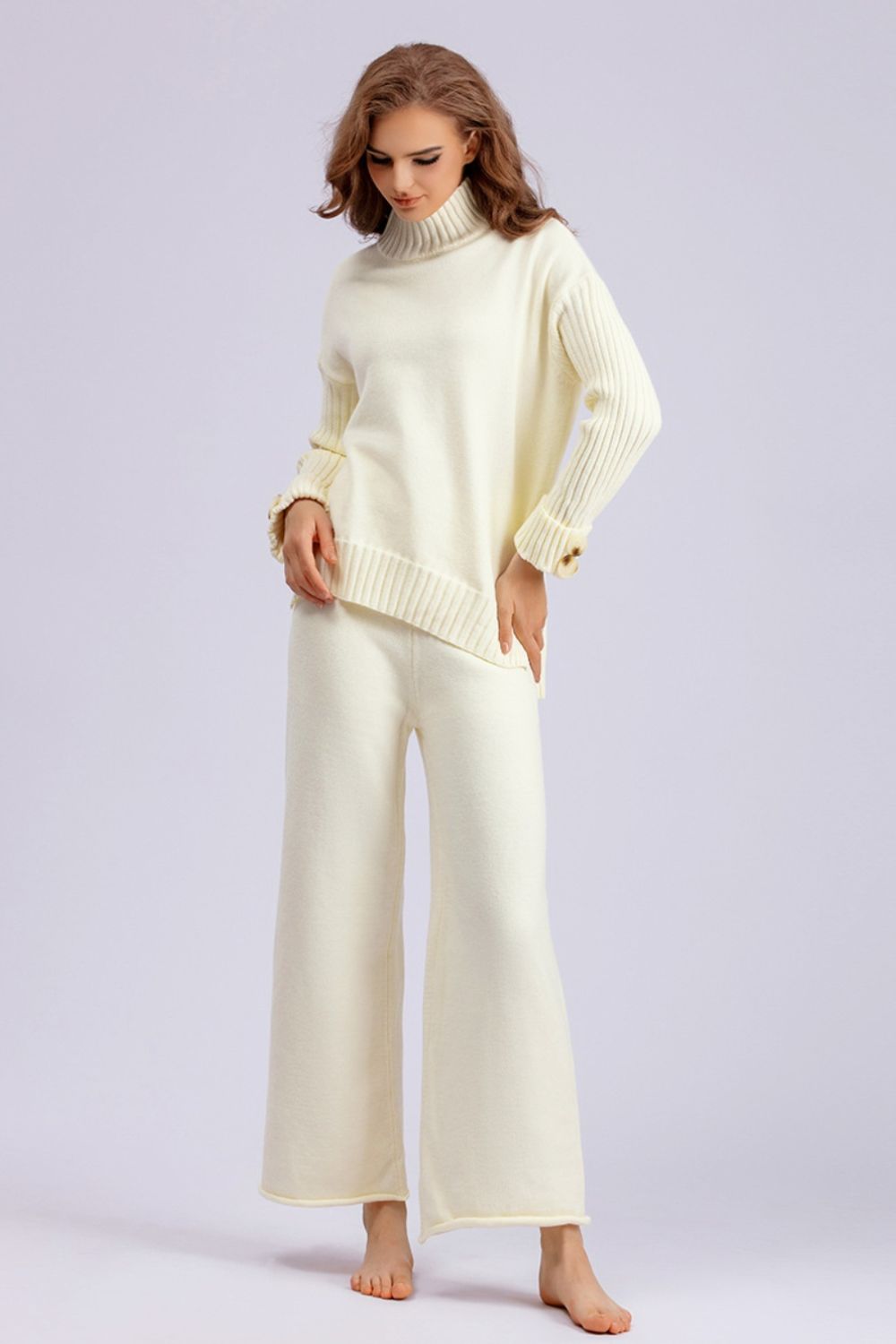 Basic Bae High- Low Turtleneck Long Sleeve Top and Pants Sweater Set-Trendsi-Cream-One Size-[option4]-[option5]-[option6]-[option7]-[option8]-Shop-Boutique-Clothing-for-Women-Online