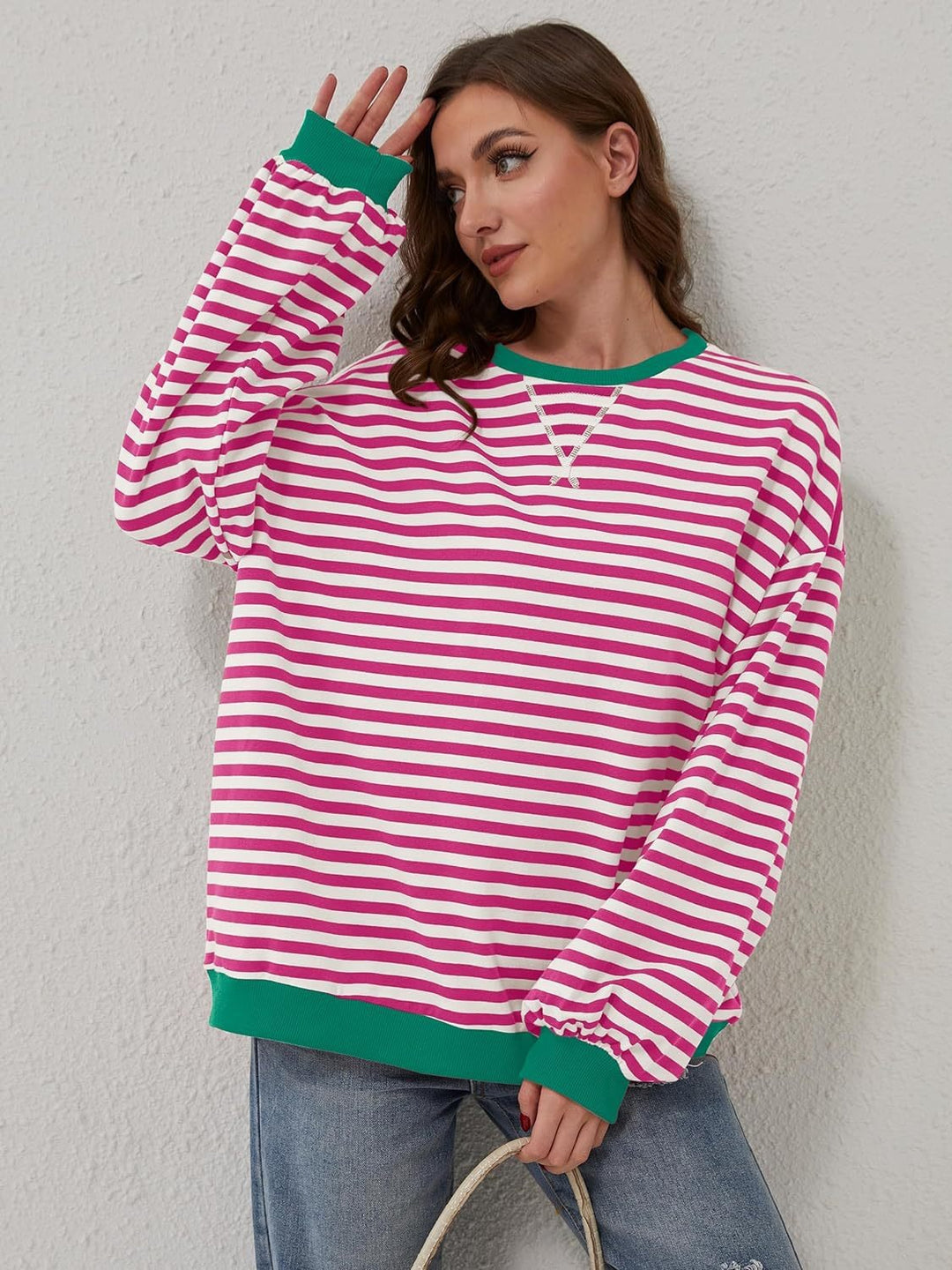 Lovelet Contrast Striped Long Sleeve Sweatshirt-Trendsi-Deep Rose-S-[option4]-[option5]-[option6]-[option7]-[option8]-Shop-Boutique-Clothing-for-Women-Online