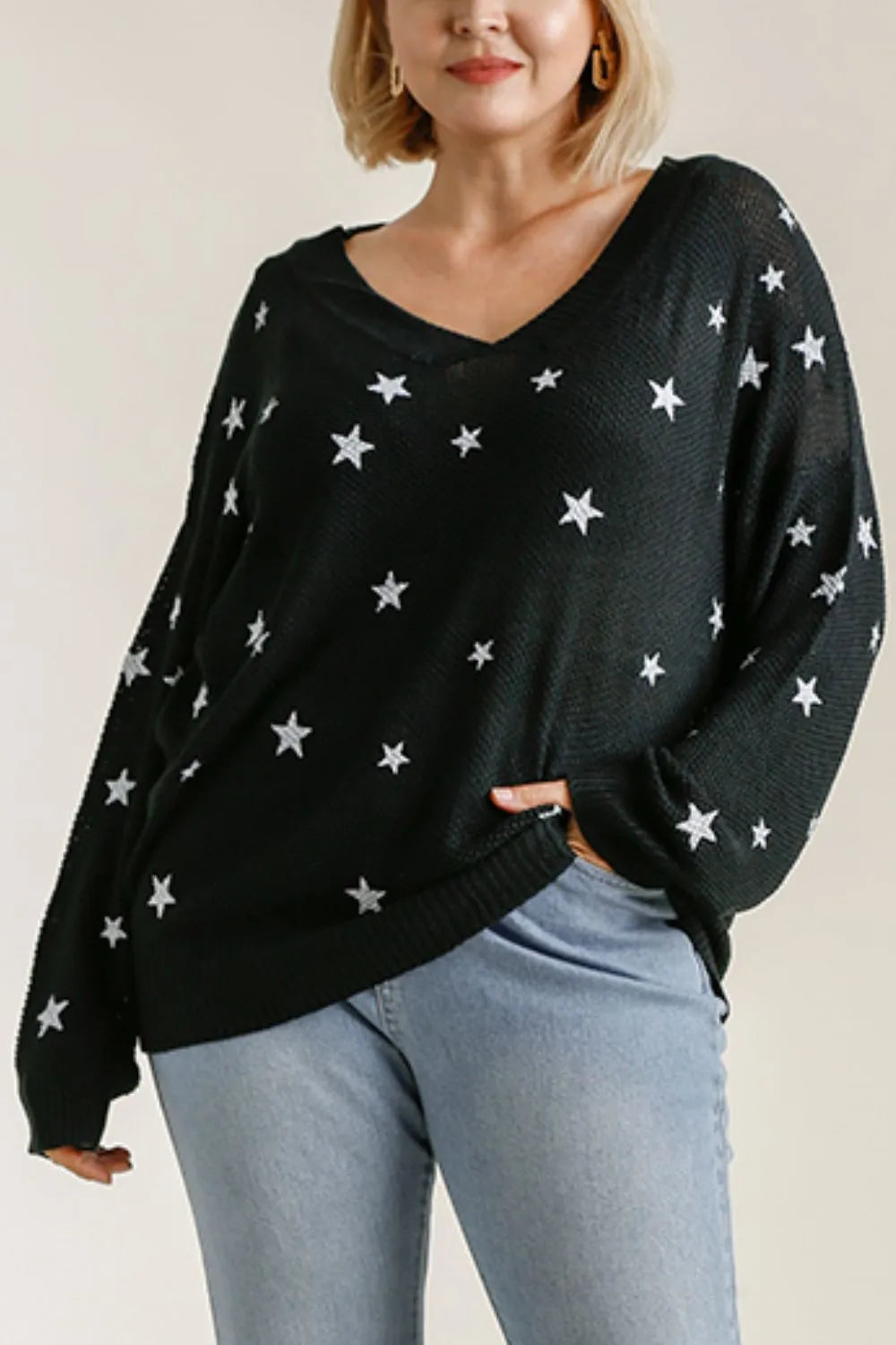 Umgee Full Size Star V-Neck Long Sleeve Sweater-Blouses-Trendsi-[option4]-[option5]-[option6]-[option7]-[option8]-Shop-Boutique-Clothing-for-Women-Online