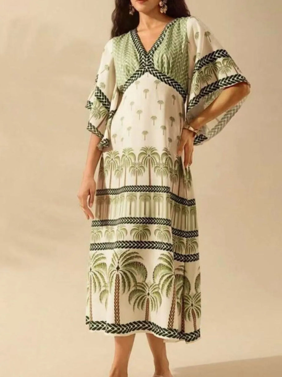 Palm Print V-Neck Midi Dress-Dresses-Trendsi-[option4]-[option5]-[option6]-[option7]-[option8]-Shop-Boutique-Clothing-for-Women-Online