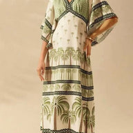 Palm Print V-Neck Midi Dress-Dresses-Trendsi-[option4]-[option5]-[option6]-[option7]-[option8]-Shop-Boutique-Clothing-for-Women-Online
