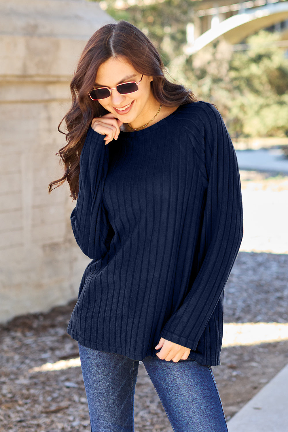 Basic Bae Ribbed Round Neck Long Sleeve Knit Top-Trendsi-Dark Blue-S-[option4]-[option5]-[option6]-[option7]-[option8]-Shop-Boutique-Clothing-for-Women-Online