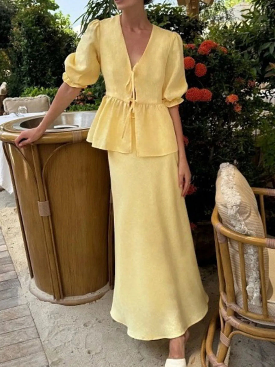 Tie Front Peplum Top and Skirt Set-Sets-Trendsi-[option4]-[option5]-[option6]-[option7]-[option8]-Shop-Boutique-Clothing-for-Women-Online