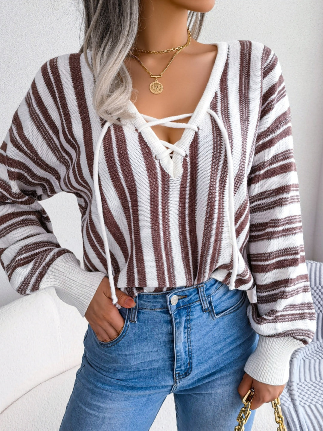 Striped Lace-Up Long Sleeve Sweater-Trendsi-[option4]-[option5]-[option6]-[option7]-[option8]-Shop-Boutique-Clothing-for-Women-Online