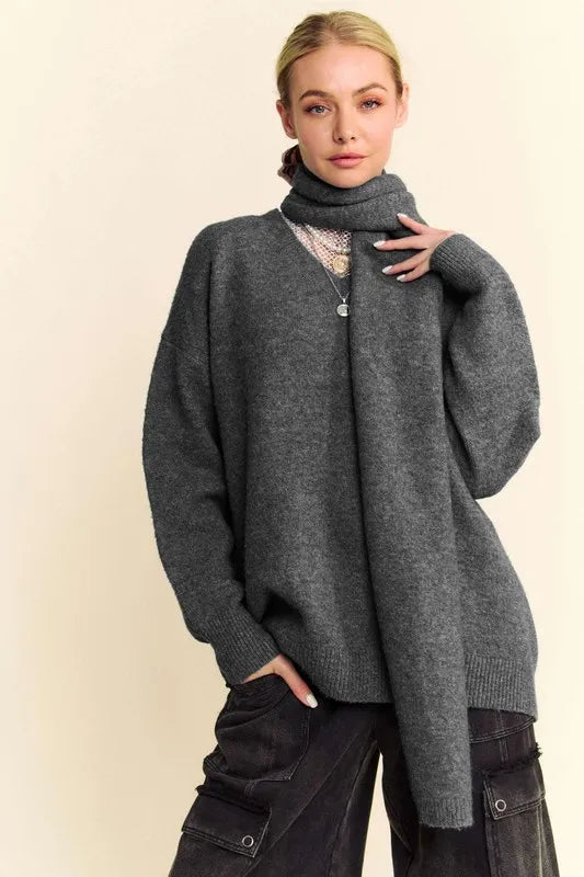 Davi & Dani V-Neck Dropped Shoulder Sweater with Scarf-Sweaters-Trendsi-[option4]-[option5]-[option6]-[option7]-[option8]-Shop-Boutique-Clothing-for-Women-Online