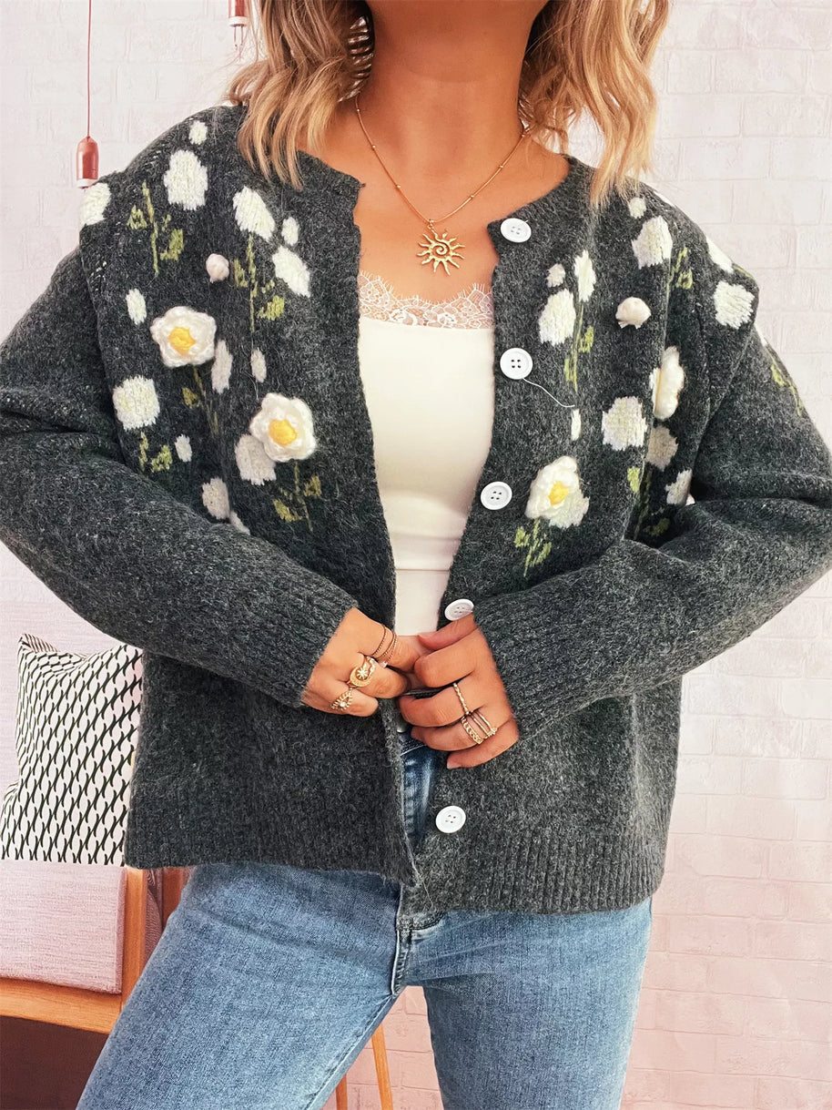 Flower Button Up Long Sleeve Cardigan-Cardigan-Trendsi-[option4]-[option5]-[option6]-[option7]-[option8]-Shop-Boutique-Clothing-for-Women-Online