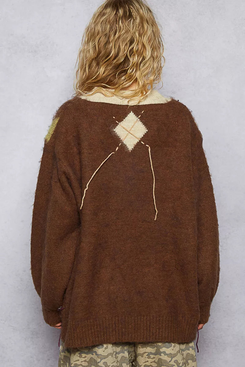 POL V-Neck Argyle Pattern Mohair Sweater with Contrast Exposed Stitch Detail-sweater-Trendsi-[option4]-[option5]-[option6]-[option7]-[option8]-Shop-Boutique-Clothing-for-Women-Online