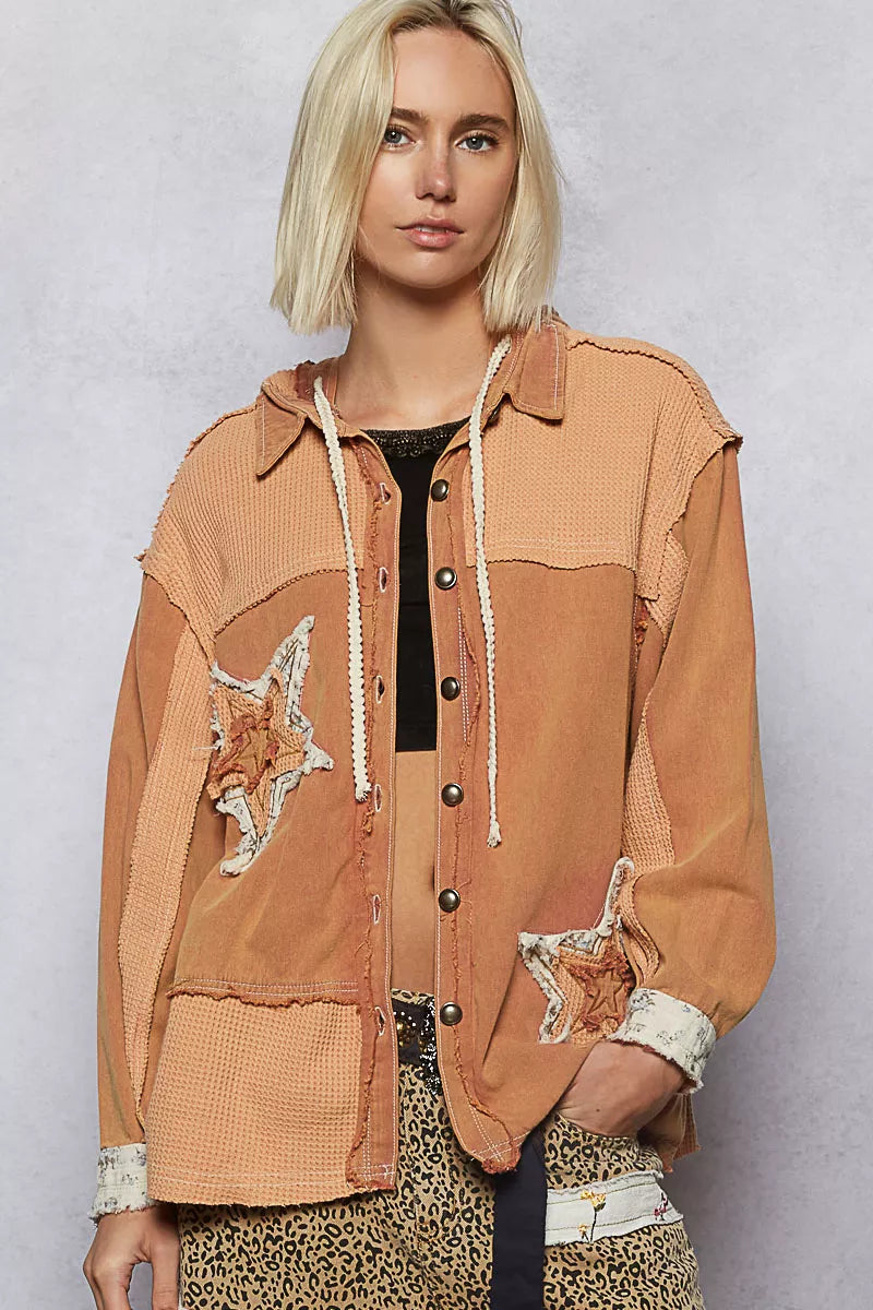 POL Button Down Hooded Jacket with with Star Patch Pattern-Coats & Jackets-Trendsi-BURNT SIENNA-S-[option4]-[option5]-[option6]-[option7]-[option8]-Shop-Boutique-Clothing-for-Women-Online