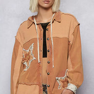 POL Button Down Hooded Jacket with with Star Patch Pattern-Coats & Jackets-Trendsi-BURNT SIENNA-S-[option4]-[option5]-[option6]-[option7]-[option8]-Shop-Boutique-Clothing-for-Women-Online