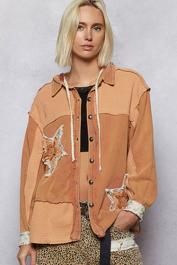 POL Button Down Hooded Jacket with with Star Patch Pattern-Coats & Jackets-Trendsi-BURNT SIENNA-S-[option4]-[option5]-[option6]-[option7]-[option8]-Shop-Boutique-Clothing-for-Women-Online