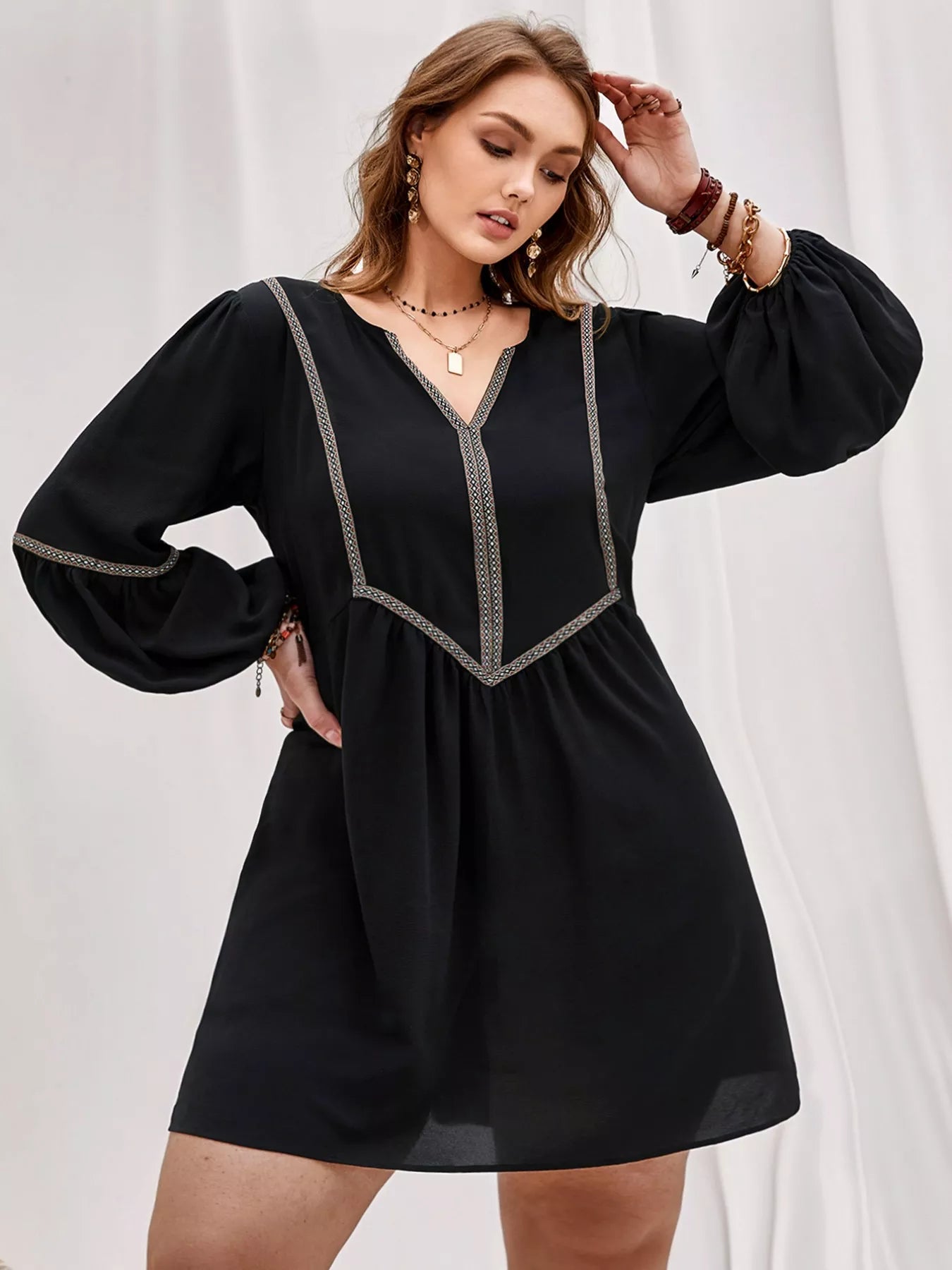 Plus Size Notched Balloon Sleeve Mini Dress-Dresses-Trendsi-[option4]-[option5]-[option6]-[option7]-[option8]-Shop-Boutique-Clothing-for-Women-Online