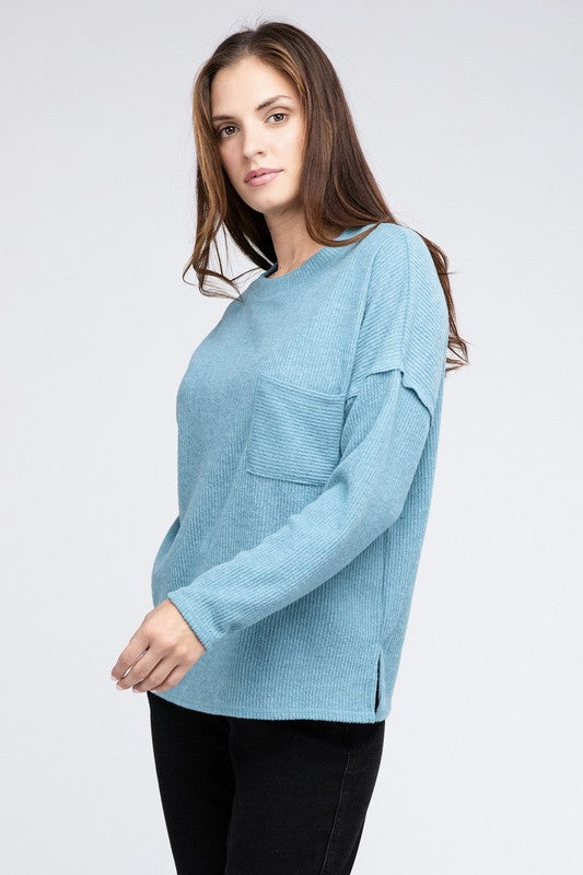 Zenana Ribbed Brushed Melange Hacci Sweater with a Pocket-ZENANA-[option4]-[option5]-[option6]-[option7]-[option8]-Shop-Boutique-Clothing-for-Women-Online