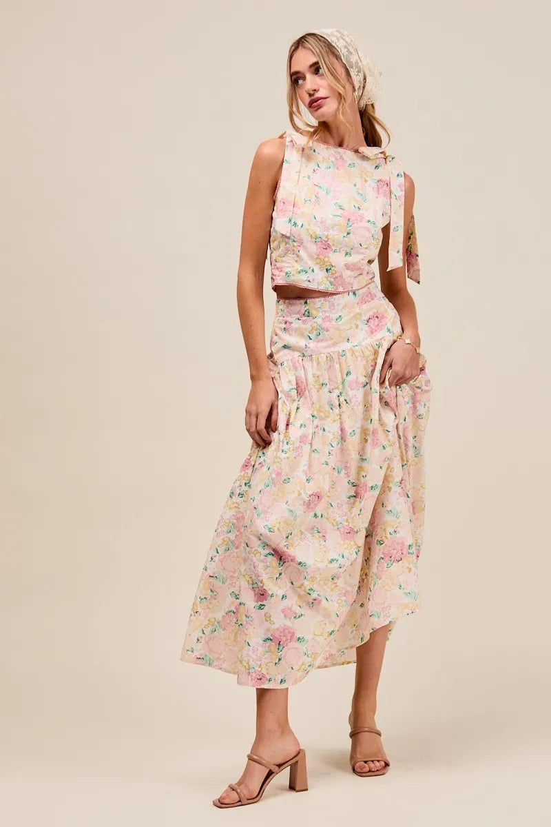 SO ME Floral Printed Woven Shoulder Bow Tie Top and Skirt Set-Dresses-Trendsi-[option4]-[option5]-[option6]-[option7]-[option8]-Shop-Boutique-Clothing-for-Women-Online