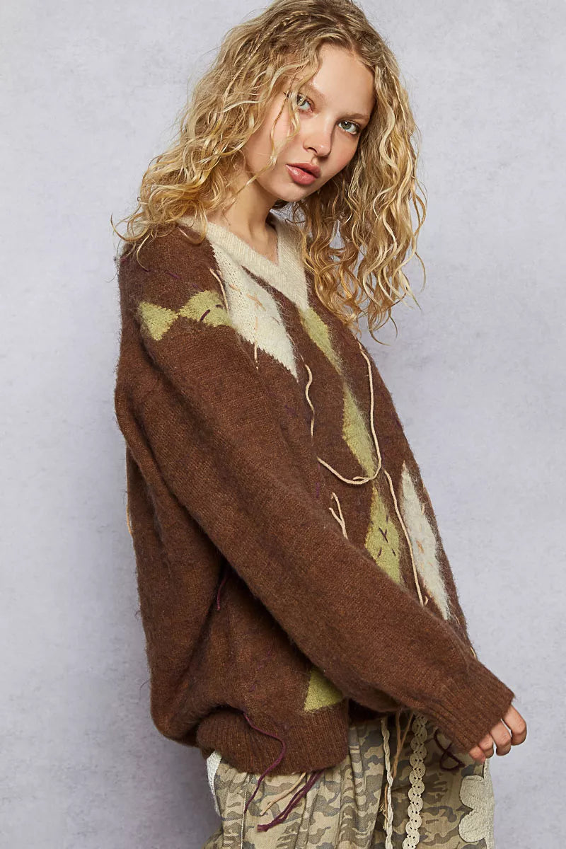POL V-Neck Argyle Pattern Mohair Sweater with Contrast Exposed Stitch Detail-sweater-Trendsi-[option4]-[option5]-[option6]-[option7]-[option8]-Shop-Boutique-Clothing-for-Women-Online