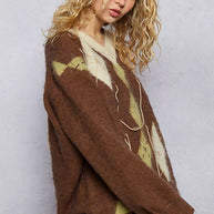 POL V-Neck Argyle Pattern Mohair Sweater with Contrast Exposed Stitch Detail-sweater-Trendsi-[option4]-[option5]-[option6]-[option7]-[option8]-Shop-Boutique-Clothing-for-Women-Online