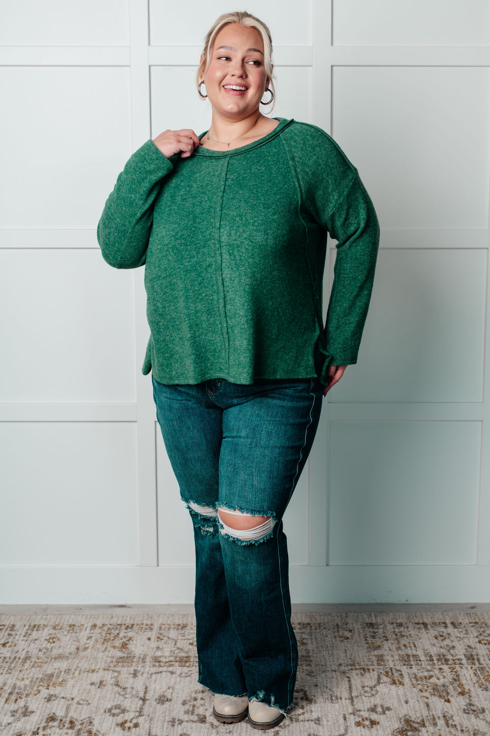 Zenana Simple Silhouette Brushed Hacci Sweater in Dark Green-Tops-Ave Shops-[option4]-[option5]-[option6]-[option7]-[option8]-Shop-Boutique-Clothing-for-Women-Online