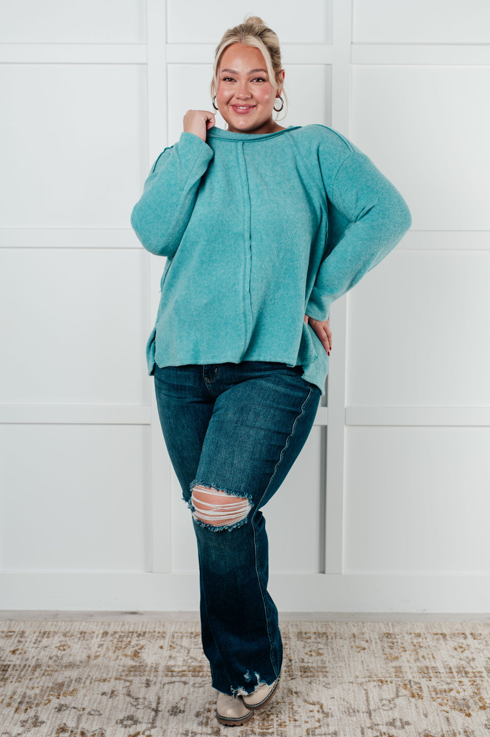 Zenana Simple Silhouette Brushed Hacci Sweater in Dusty Teal-Tops-Ave Shops-[option4]-[option5]-[option6]-[option7]-[option8]-Shop-Boutique-Clothing-for-Women-Online