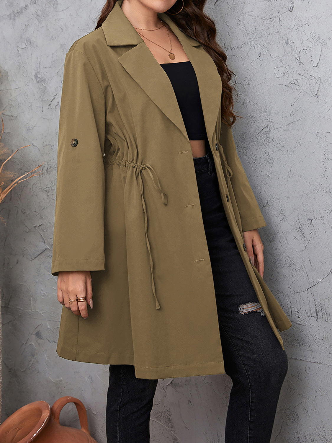 Honey Plus Size Lapel Collar Drawstring Roll-Tab Sleeve Trench Coat-Coats & Jackets-Trendsi-[option4]-[option5]-[option6]-[option7]-[option8]-Shop-Boutique-Clothing-for-Women-Online