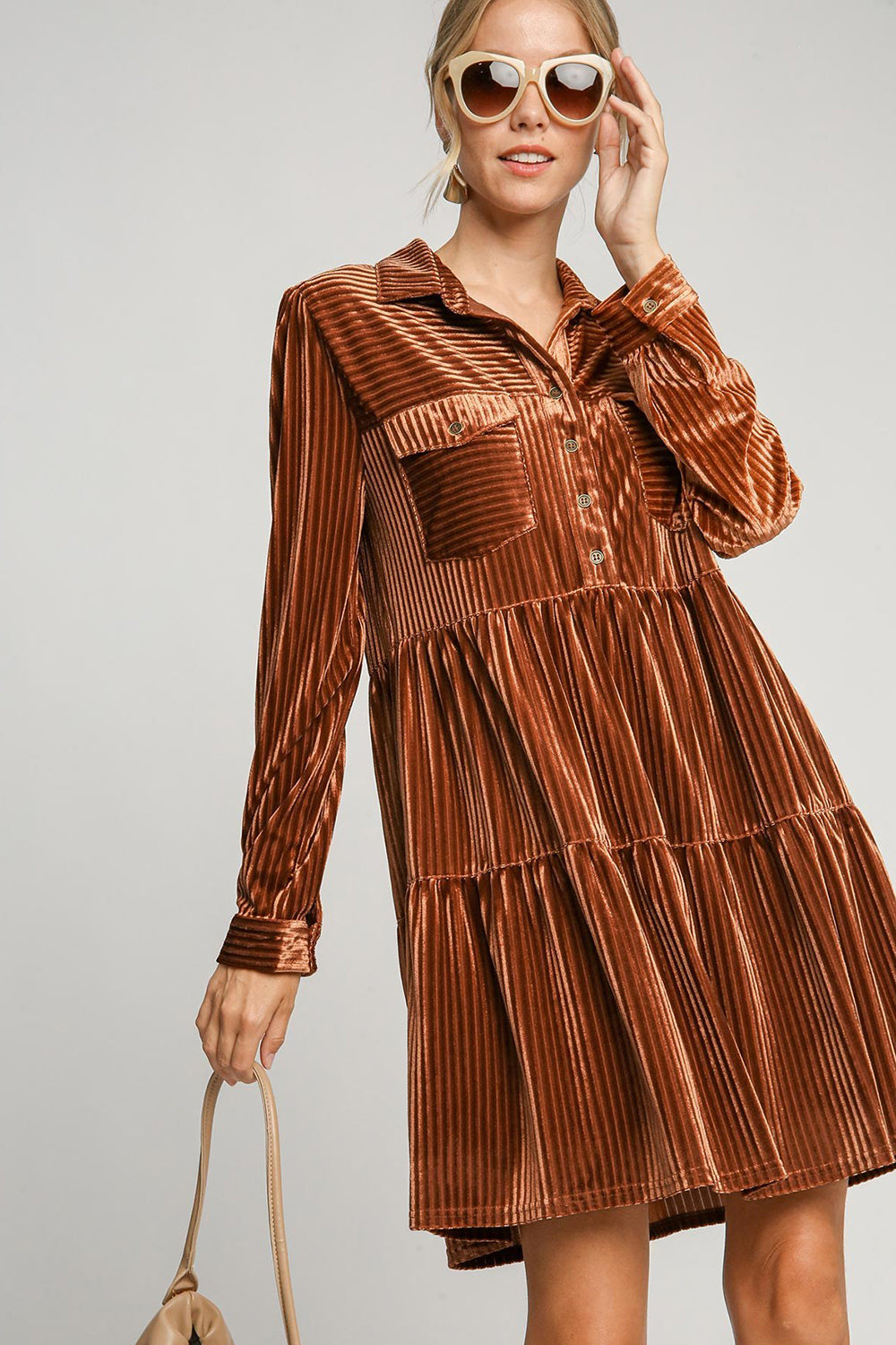 Umgee Texture Tiered Collared Long Sleeve Dress-Trendsi-Copper-S-[option4]-[option5]-[option6]-[option7]-[option8]-Shop-Boutique-Clothing-for-Women-Online