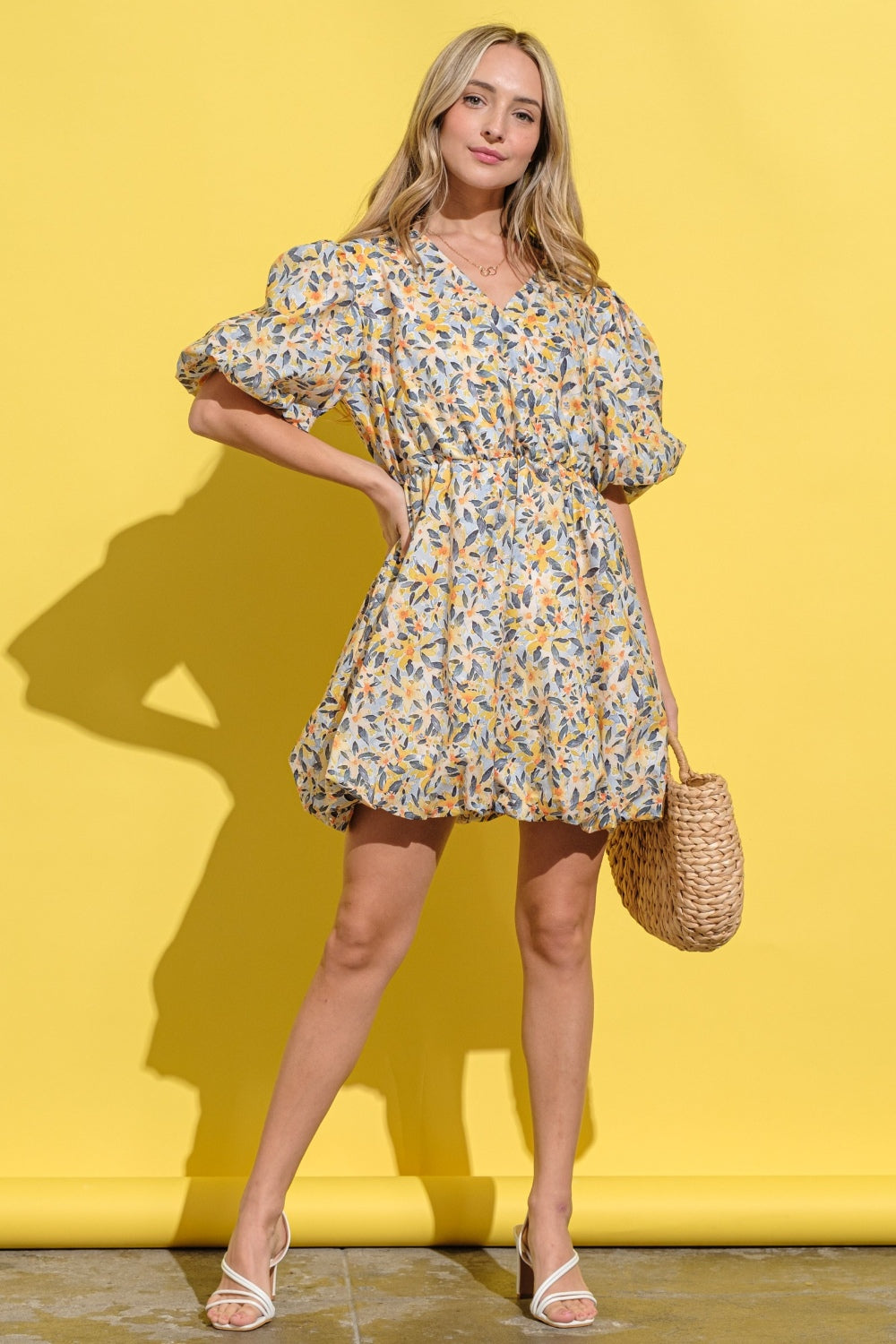 And The Why Floral Surplice Puff Sleeve Dress-Trendsi-Yellow Multi-S-[option4]-[option5]-[option6]-[option7]-[option8]-Shop-Boutique-Clothing-for-Women-Online