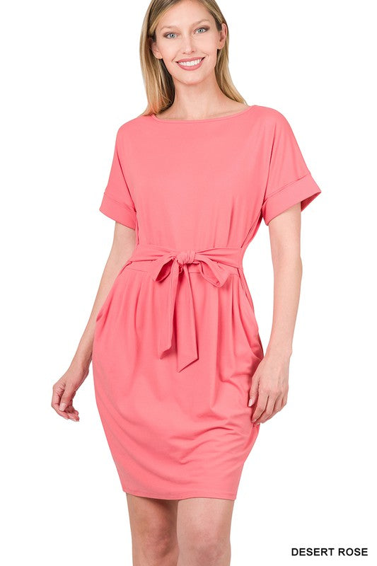 Zenana Brushed DTY Tie-Belt Dress-ZENANA-DESERT ROSE-S-[option4]-[option5]-[option6]-[option7]-[option8]-Shop-Boutique-Clothing-for-Women-Online