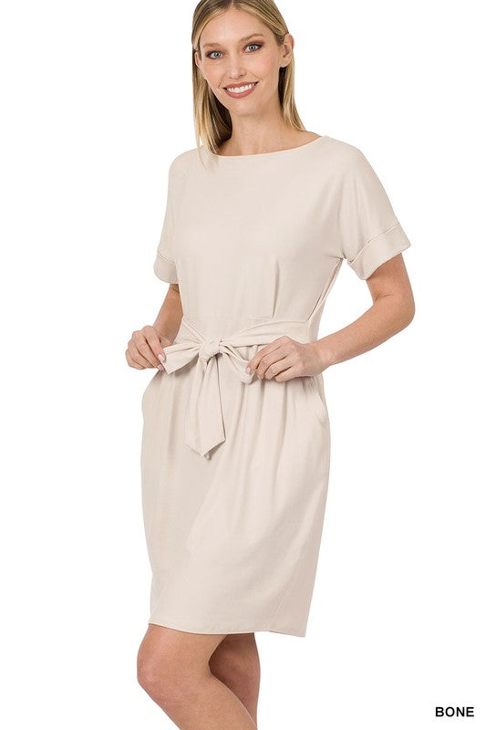 Zenana Brushed DTY Tie-Belt Dress-ZENANA-BONE-S-[option4]-[option5]-[option6]-[option7]-[option8]-Shop-Boutique-Clothing-for-Women-Online
