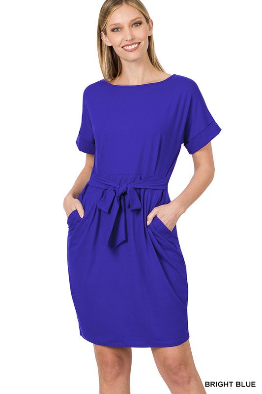 Zenana Brushed DTY Tie-Belt Dress-ZENANA-BRIGHT BLUE-S-[option4]-[option5]-[option6]-[option7]-[option8]-Shop-Boutique-Clothing-for-Women-Online
