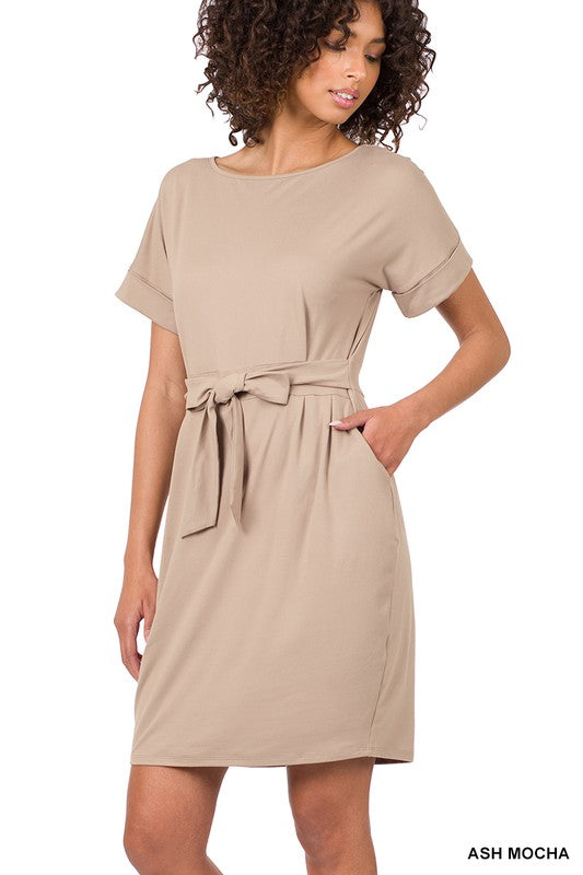 Zenana Brushed DTY Tie-Belt Dress-ZENANA-ASH MOCHA-S-[option4]-[option5]-[option6]-[option7]-[option8]-Shop-Boutique-Clothing-for-Women-Online