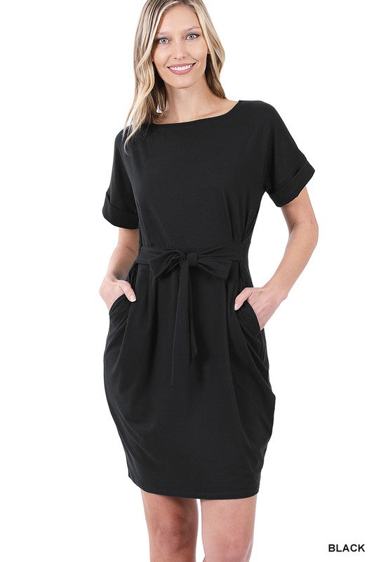 Zenana Brushed DTY Tie-Belt Dress-ZENANA-BLACK-S-[option4]-[option5]-[option6]-[option7]-[option8]-Shop-Boutique-Clothing-for-Women-Online