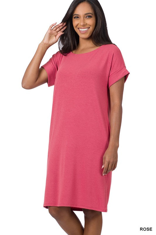 Zenana Rolled Sleeve T-Shirt Dress-ZENANA-ROSE-S-[option4]-[option5]-[option6]-[option7]-[option8]-Shop-Boutique-Clothing-for-Women-Online