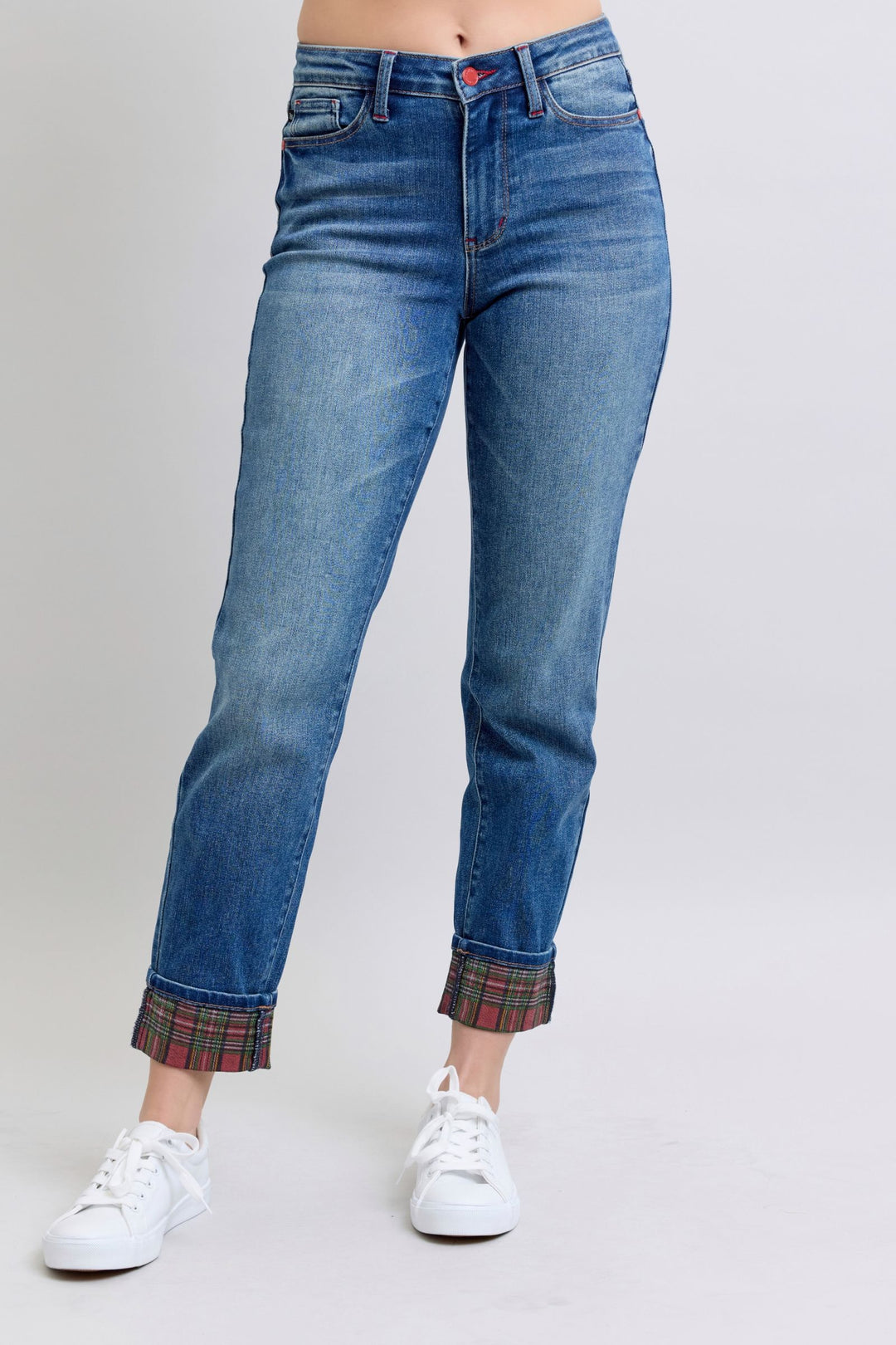 Judy Blue Plaid Print Cuff Boyfriend Fit Jeans-Trendsi-[option4]-[option5]-[option6]-[option7]-[option8]-Shop-Boutique-Clothing-for-Women-Online