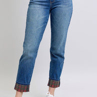 Judy Blue Plaid Print Cuff Boyfriend Fit Jeans-Trendsi-[option4]-[option5]-[option6]-[option7]-[option8]-Shop-Boutique-Clothing-for-Women-Online