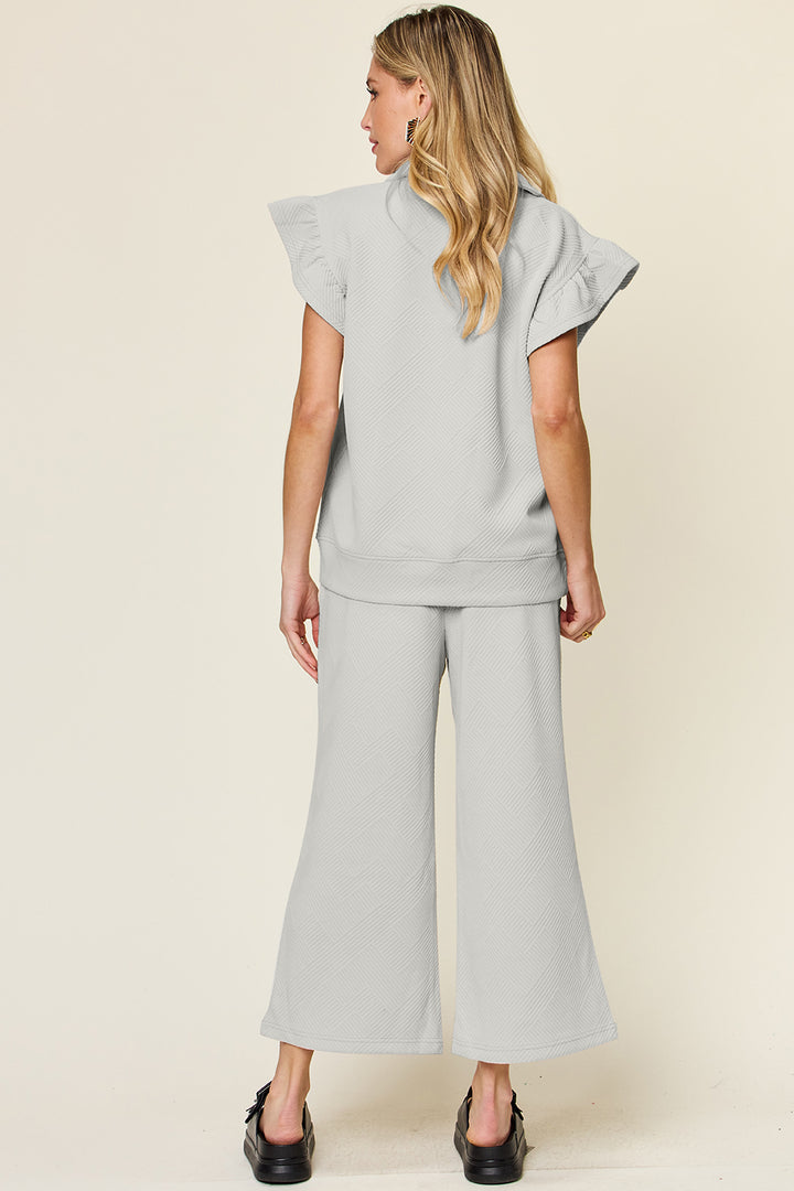 Double Take Texture Ruffle Short Sleeve Top and Drawstring Wide Leg Pants Set-Trendsi-[option4]-[option5]-[option6]-[option7]-[option8]-Shop-Boutique-Clothing-for-Women-Online