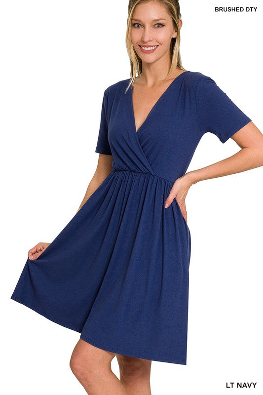 Zenana Brushed DTY Buttery Soft Fabric Surplice Dress-ZENANA-LT NAVY-S-[option4]-[option5]-[option6]-[option7]-[option8]-Shop-Boutique-Clothing-for-Women-Online