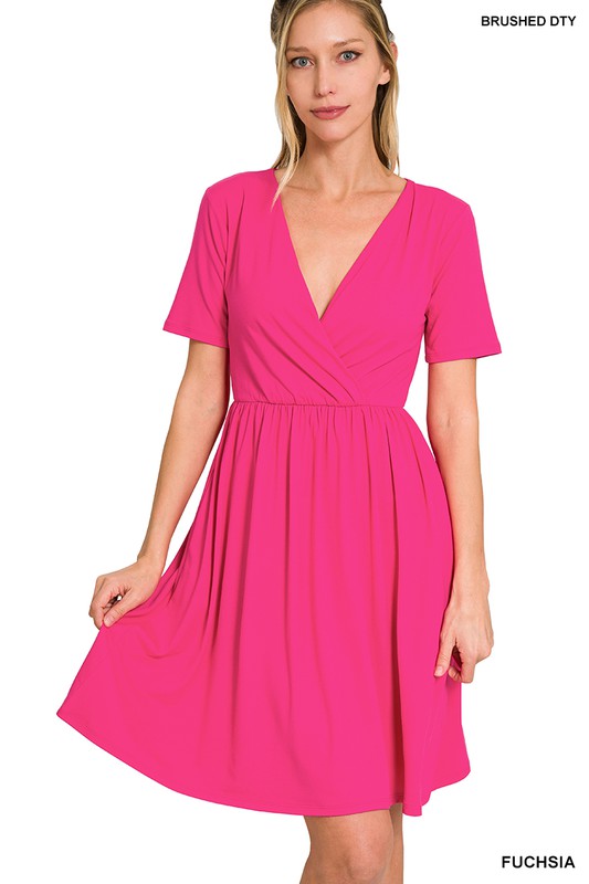 Zenana Brushed DTY Buttery Soft Fabric Surplice Dress-ZENANA-FUCHSIA-S-[option4]-[option5]-[option6]-[option7]-[option8]-Shop-Boutique-Clothing-for-Women-Online