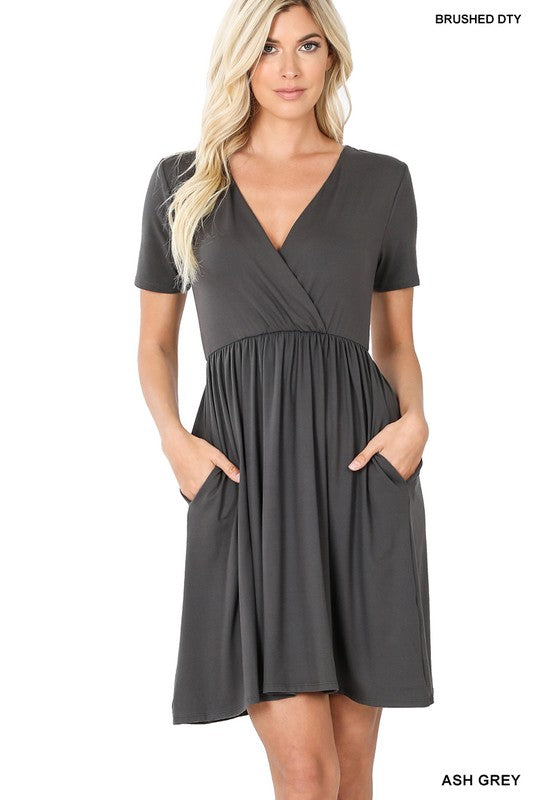 Zenana Brushed DTY Buttery Soft Fabric Surplice Dress-ZENANA-ASH GREY-S-[option4]-[option5]-[option6]-[option7]-[option8]-Shop-Boutique-Clothing-for-Women-Online