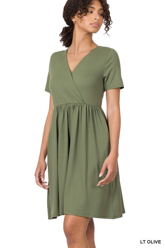 Zenana Brushed DTY Buttery Soft Fabric Surplice Dress-ZENANA-LT OLIVE-S-[option4]-[option5]-[option6]-[option7]-[option8]-Shop-Boutique-Clothing-for-Women-Online