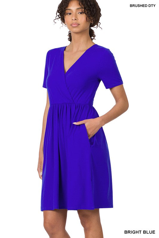 Zenana Brushed DTY Buttery Soft Fabric Surplice Dress-ZENANA-BRIGHT BLUE-S-[option4]-[option5]-[option6]-[option7]-[option8]-Shop-Boutique-Clothing-for-Women-Online