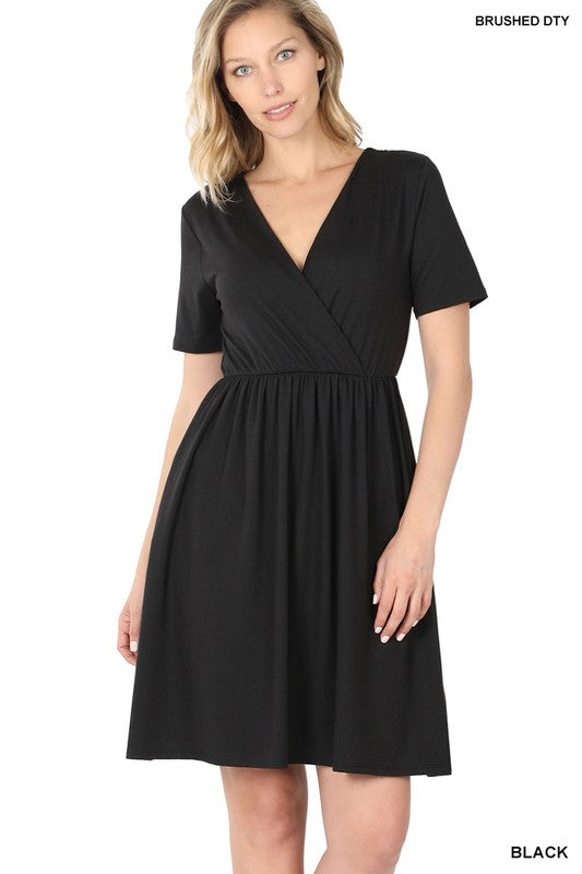Zenana Brushed DTY Buttery Soft Fabric Surplice Dress-ZENANA-BLACK-S-[option4]-[option5]-[option6]-[option7]-[option8]-Shop-Boutique-Clothing-for-Women-Online
