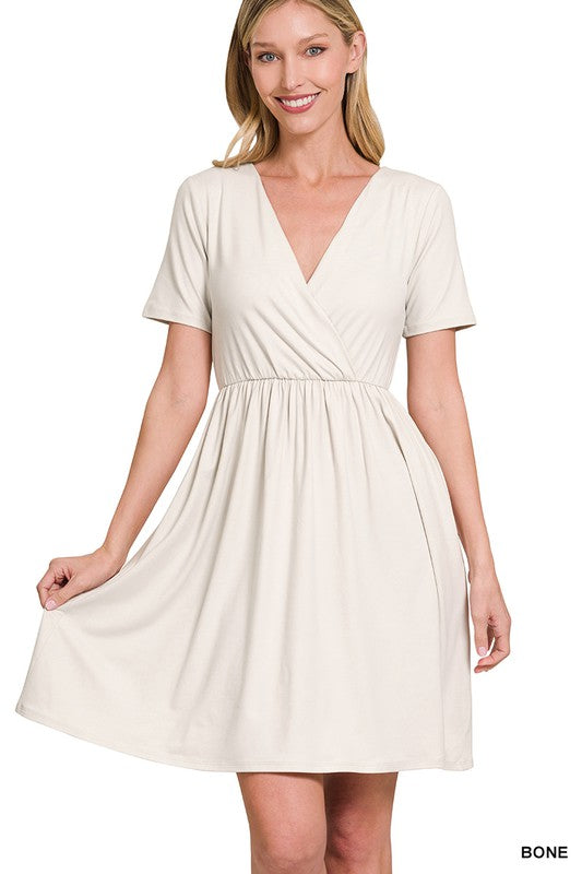 Zenana Brushed DTY Buttery Soft Fabric Surplice Dress-ZENANA-BONE-S-[option4]-[option5]-[option6]-[option7]-[option8]-Shop-Boutique-Clothing-for-Women-Online