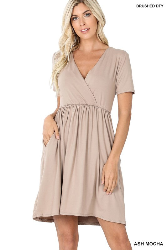 Zenana Brushed DTY Buttery Soft Fabric Surplice Dress-ZENANA-ASH MOCHA-S-[option4]-[option5]-[option6]-[option7]-[option8]-Shop-Boutique-Clothing-for-Women-Online