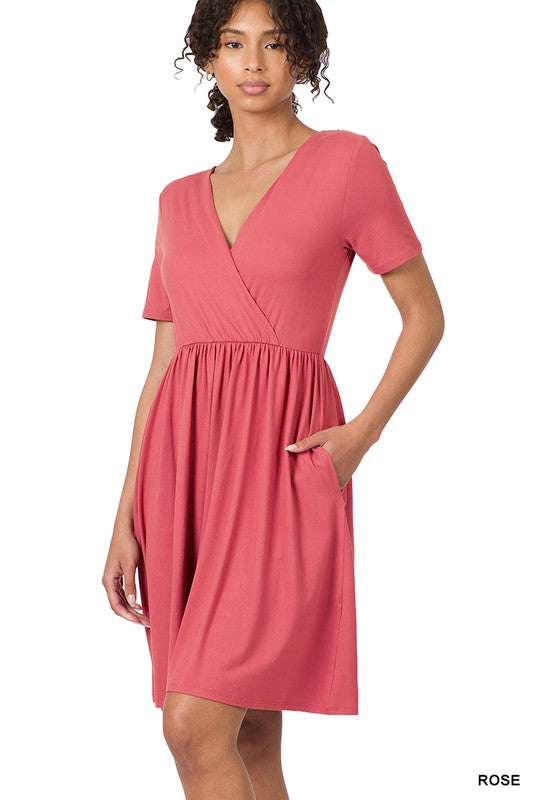 Zenana Brushed DTY Buttery Soft Fabric Surplice Dress-ZENANA-[option4]-[option5]-[option6]-[option7]-[option8]-Shop-Boutique-Clothing-for-Women-Online