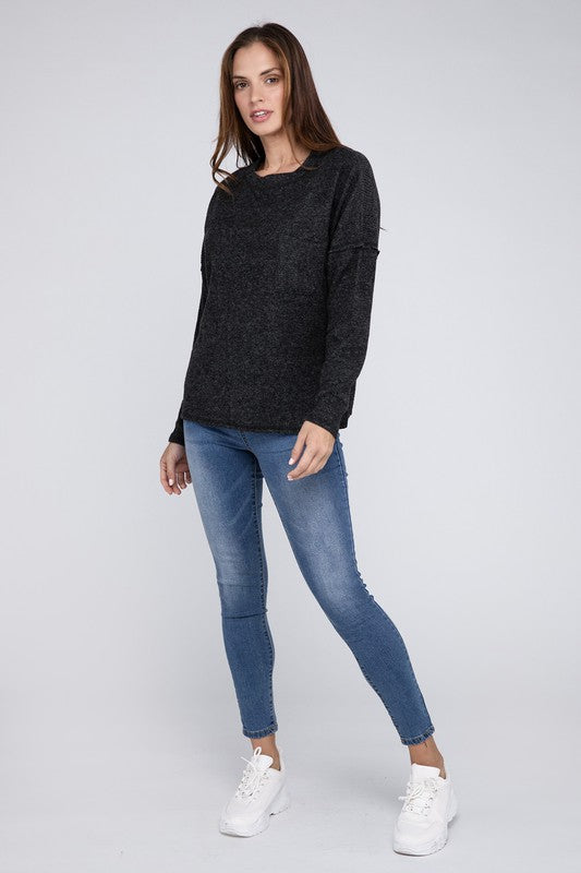 Zenana Ribbed Brushed Melange Hacci Sweater with a Pocket-ZENANA-[option4]-[option5]-[option6]-[option7]-[option8]-Shop-Boutique-Clothing-for-Women-Online